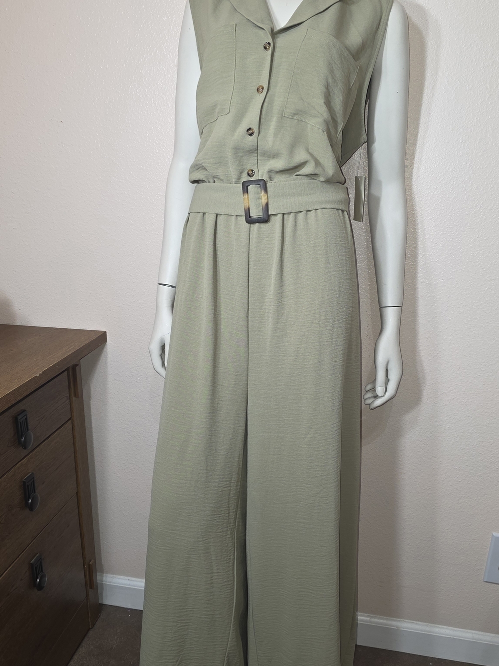 Sleeveless Olive Wide-Leg Jumpsuit with Belt